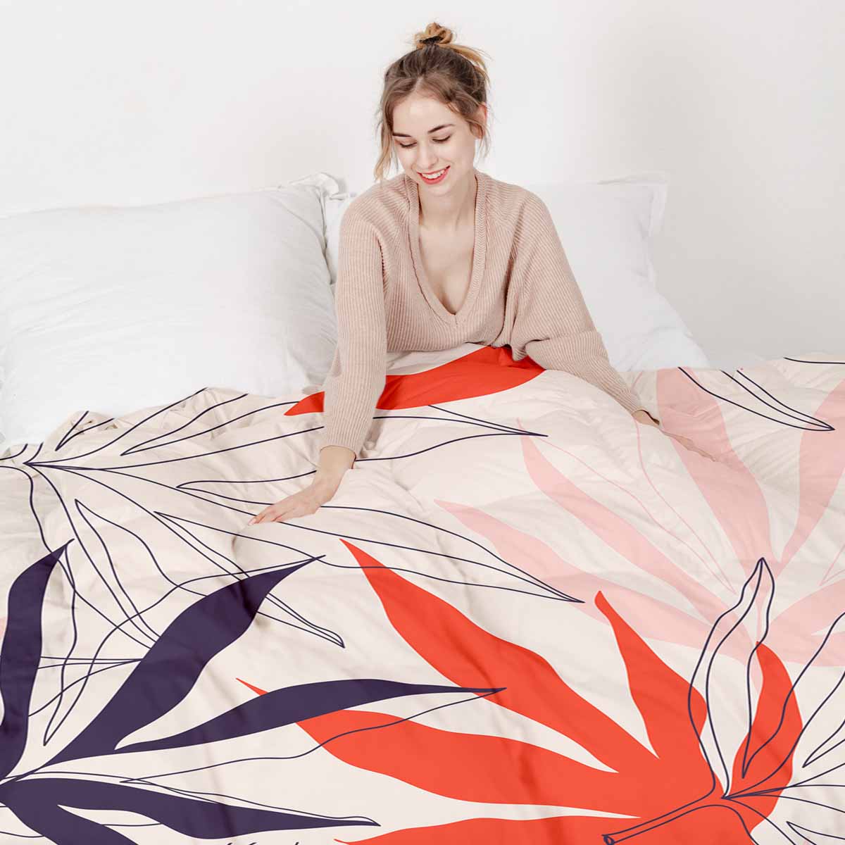 Original Therapiedecke - Baumwoll Bettwäsche Set Beige mit bunten Blättern