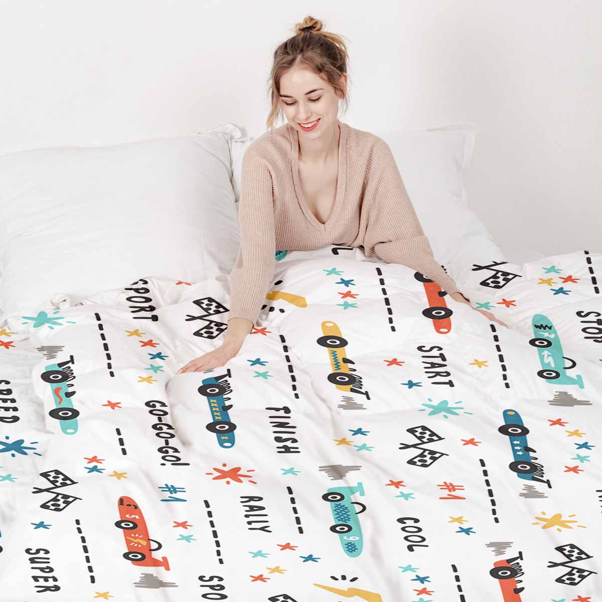 Original Therapiedecke - Baumwoll Bettwäsche Set Weiß mit Rennautos