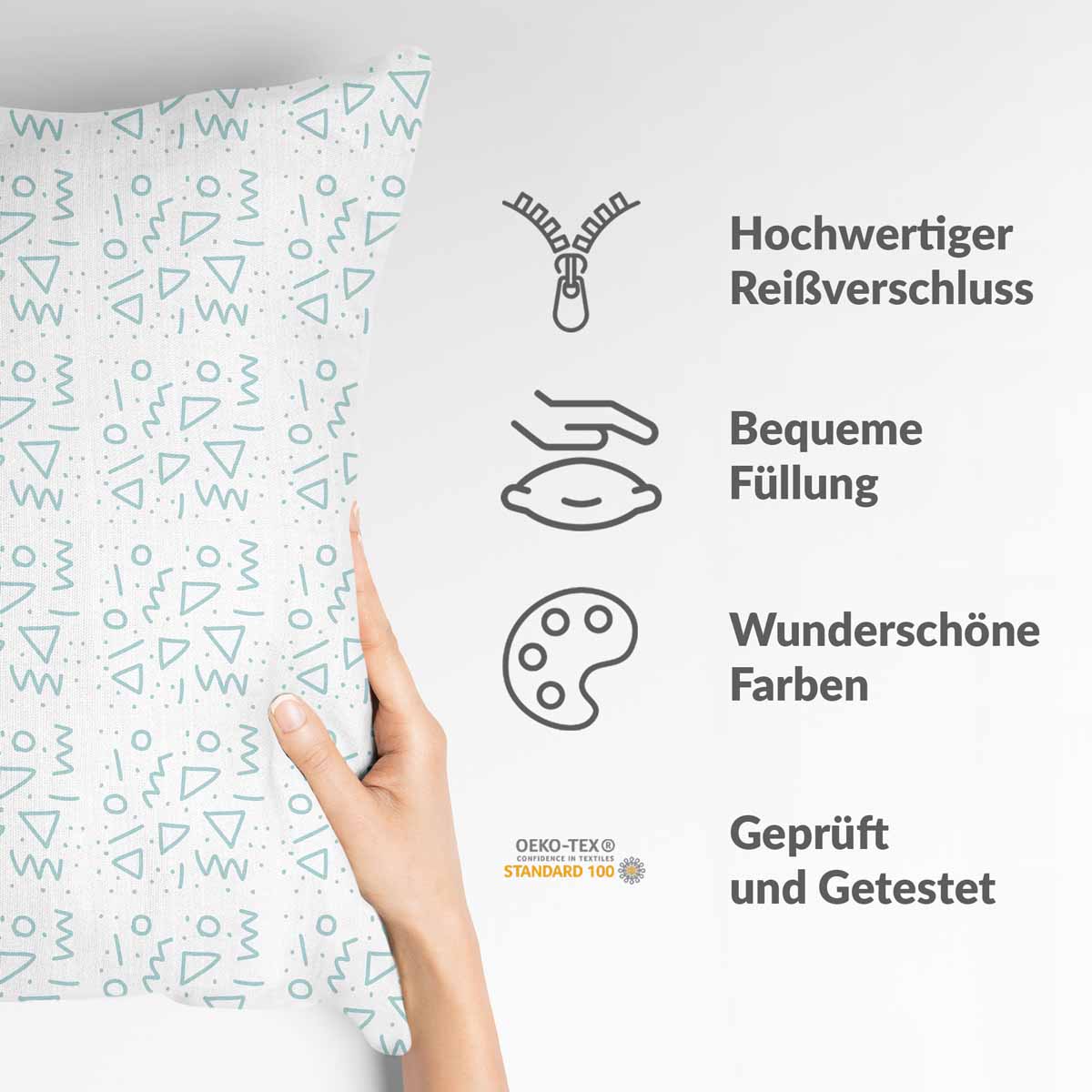 Gezondheidskussen wit met blauwe vormen