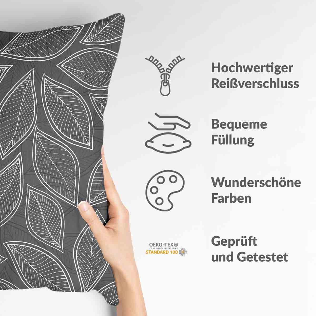 Gezondheidskussen grijs met witte palmbladeren