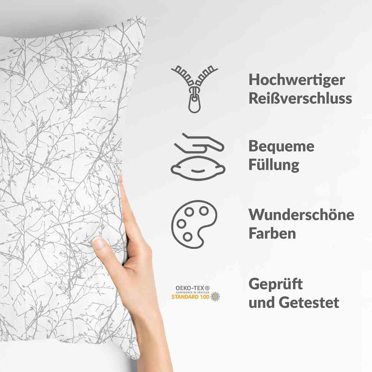 Gezondheidskussen wit met delicate grijze takken