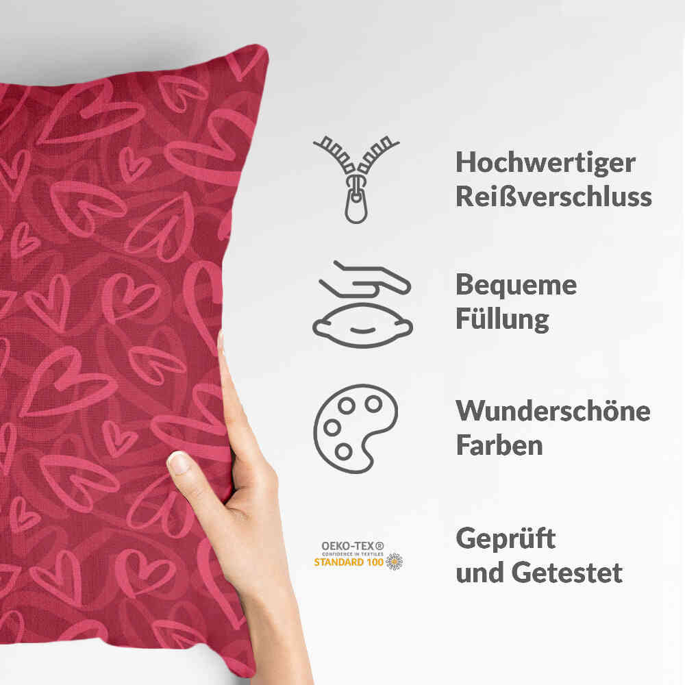 Gezondheidskussen rood met roze hartmotief