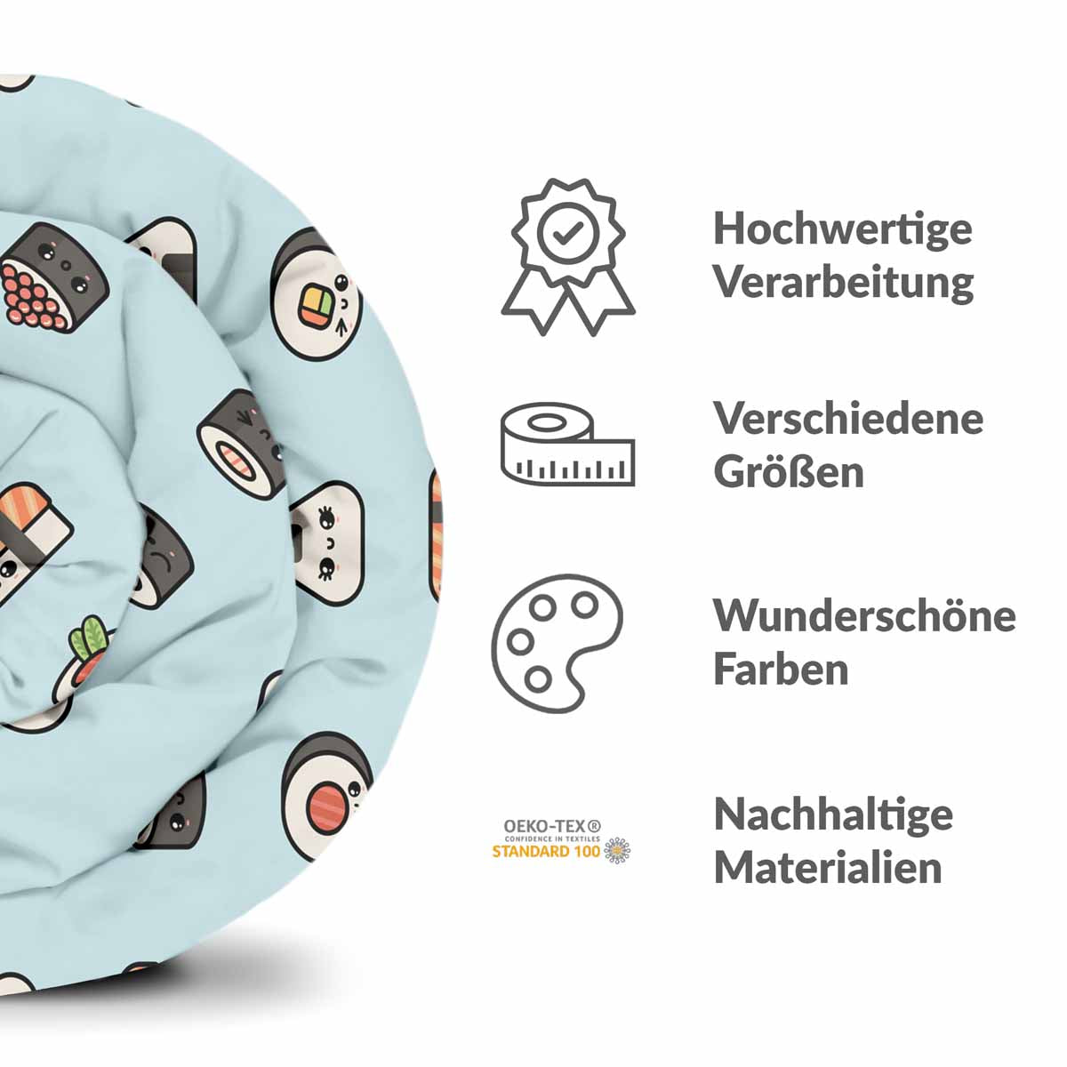 Original Therapiedecke - Baumwoll Bettwäsche Set Hellblau mit Sushi