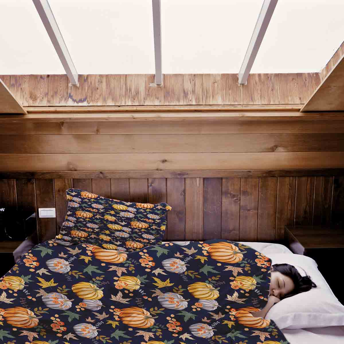 Therapiedekens beddengoed set blauw met pompoenen