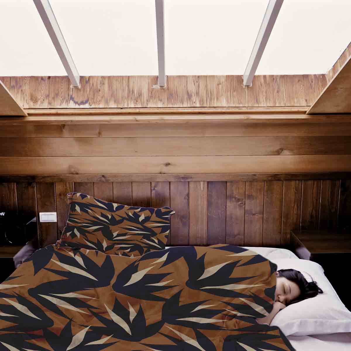 Therapiedekens beddengoed set bruin met blauwe bladeren