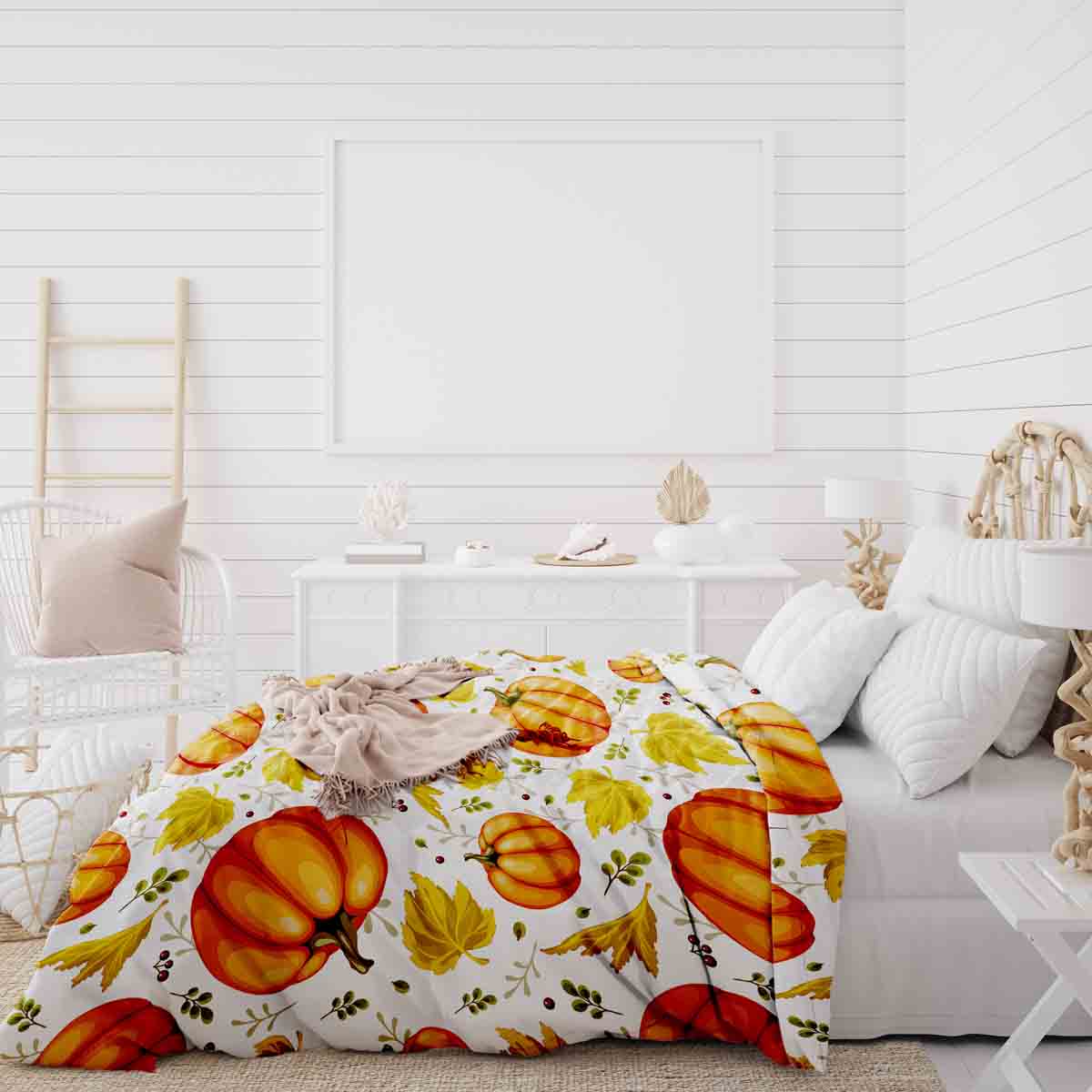 Original Therapiedecke - Baumwollbezug Weiß mit großen Kürbissen