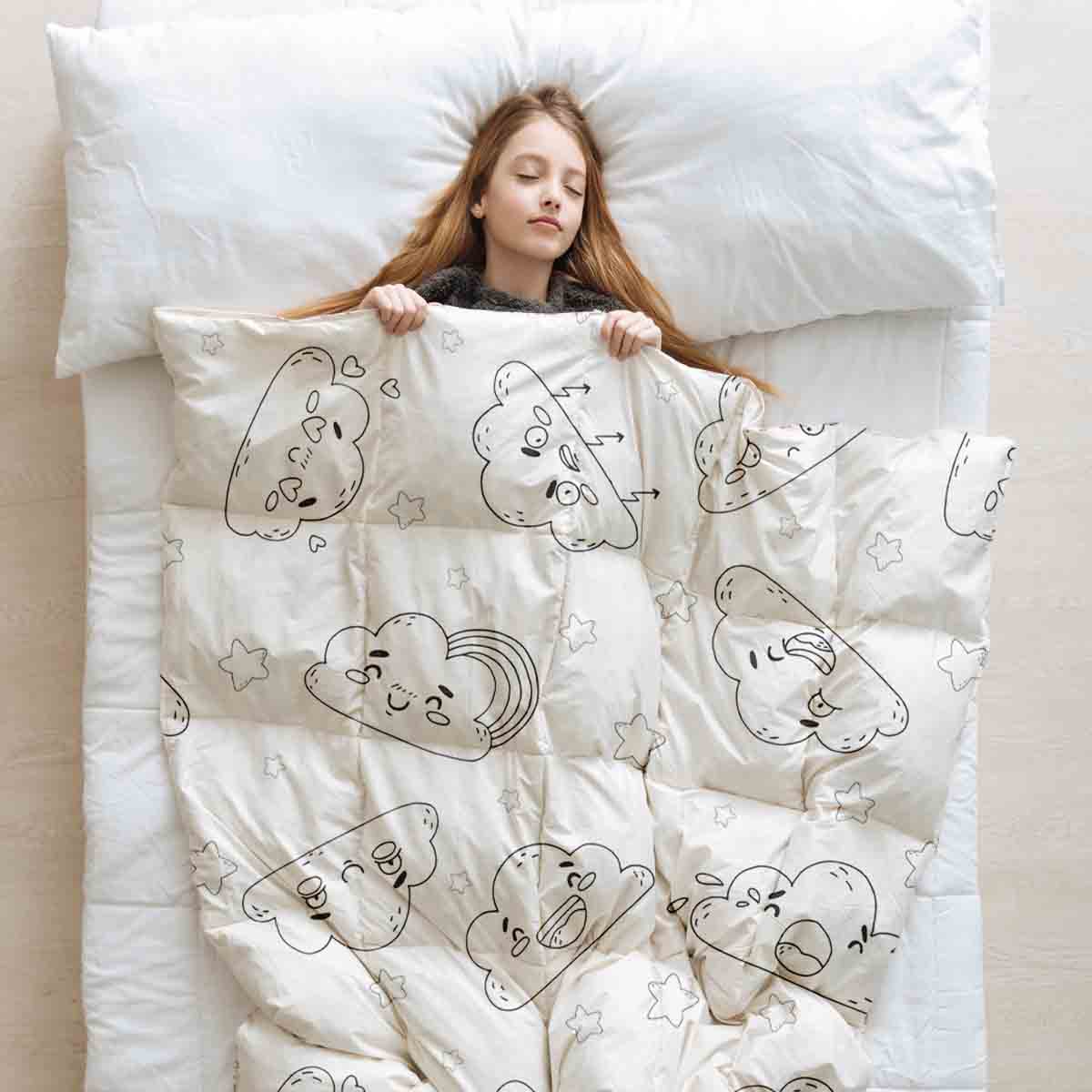 Original Therapiedecke - Baumwoll Bettwäsche Set Weiß mit lustigen Wolken