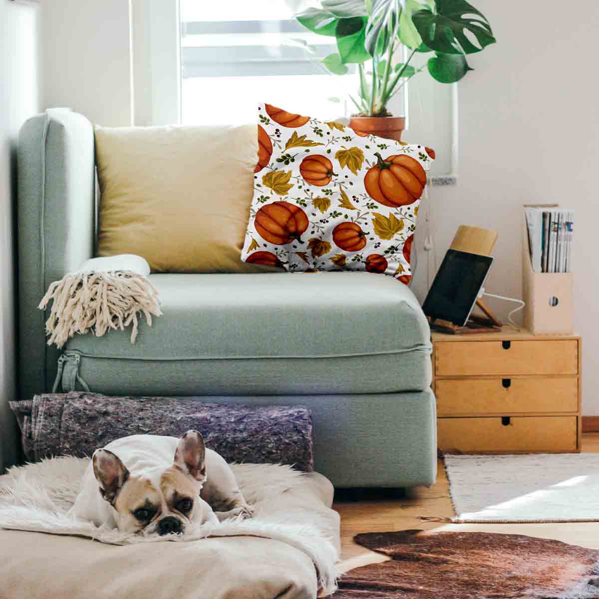 Gezondheidskussen wit met grote pompoenen