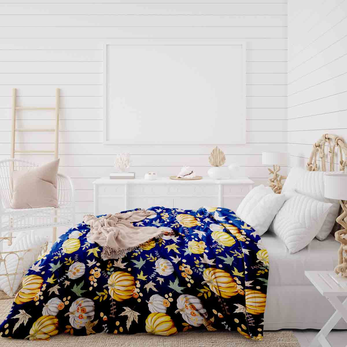 Therapiedekens beddengoed set blauw met pompoenen