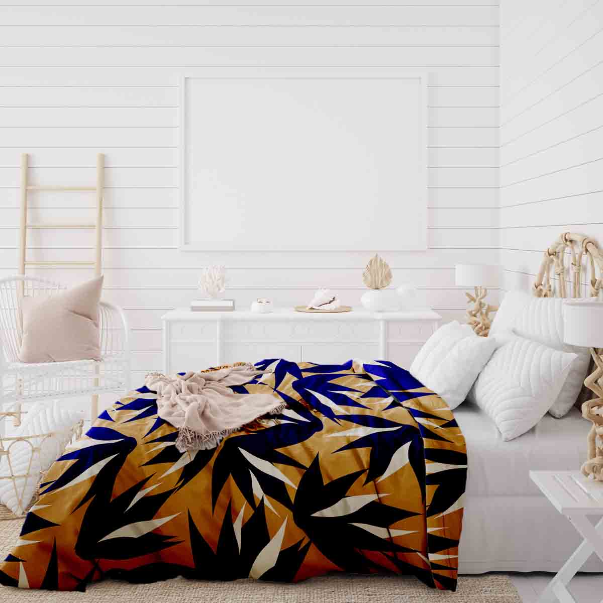 Therapiedekens beddengoed set bruin met blauwe bladeren