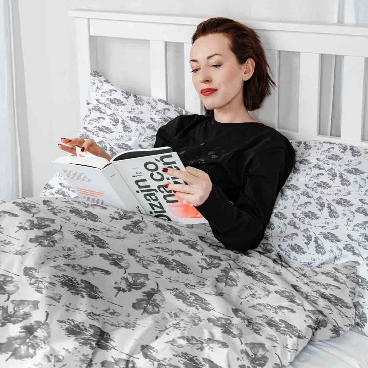 Original Therapiedecke - Baumwoll Bettwäsche Set Weiß mit grauen Blättern