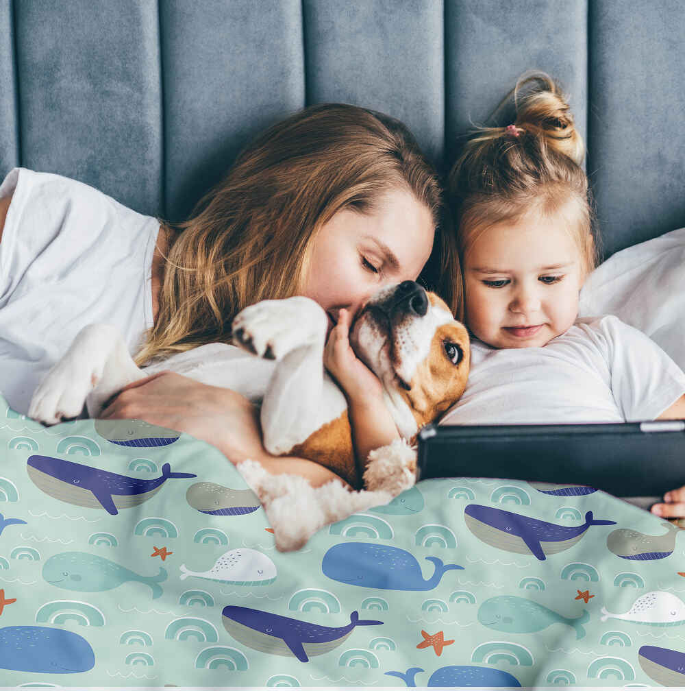 Originele therapiedeken - katoenen hoes groen met walvissen