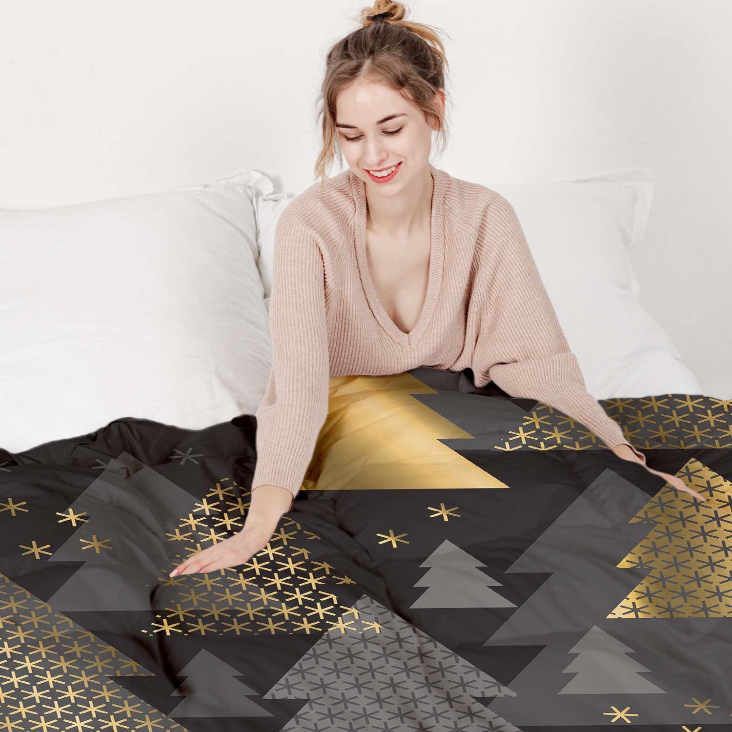 Original Therapiedecke - Baumwoll Bettwäsche Set mit goldenen Tannenbäumen