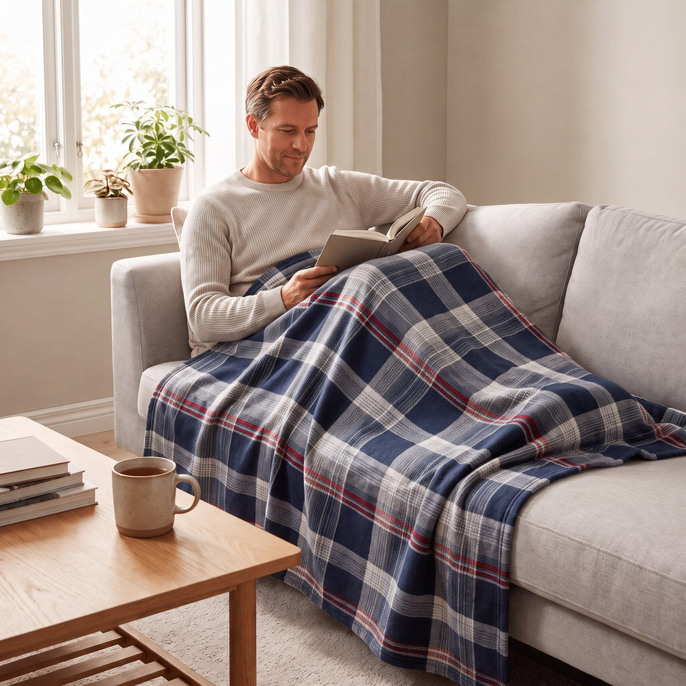 Mann liest auf dem Sofa unter der Therapiedecke mit Flanellbezug in Blau Kariert