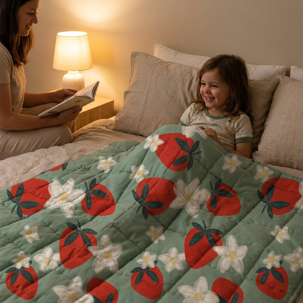 Kind im Bett unter der medizinischen Gewichtsdecke mit Erdbeer-Motiv, Mutter liest vor