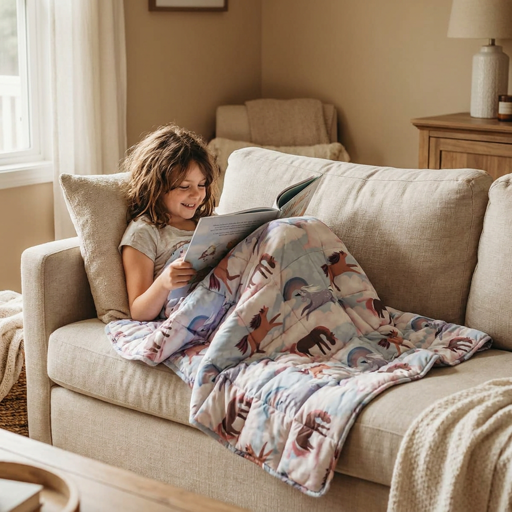 Mädchen liest auf dem Sofa unter der medizinischen Gewichtsdecke mit Pferde-Motiv