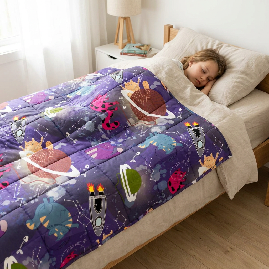 Kind schläft unter der medizinischen Gewichtsdecke mit Weltall-Motiv