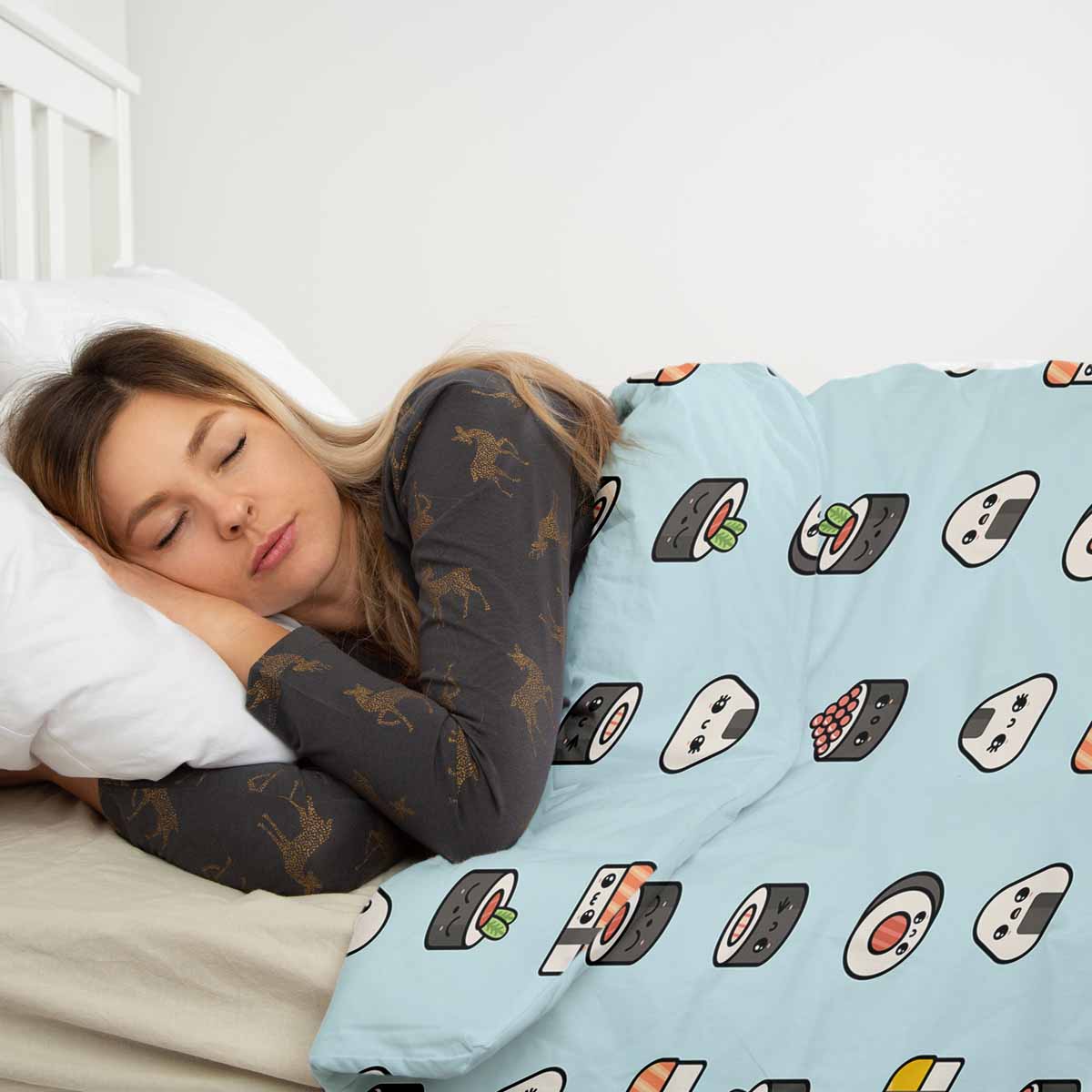 Original Therapiedecke - Baumwoll Bettwäsche Set Hellblau mit Sushi