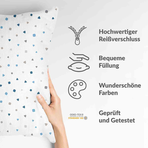 Gezondheidskussen wit met kleine blauwe vormen