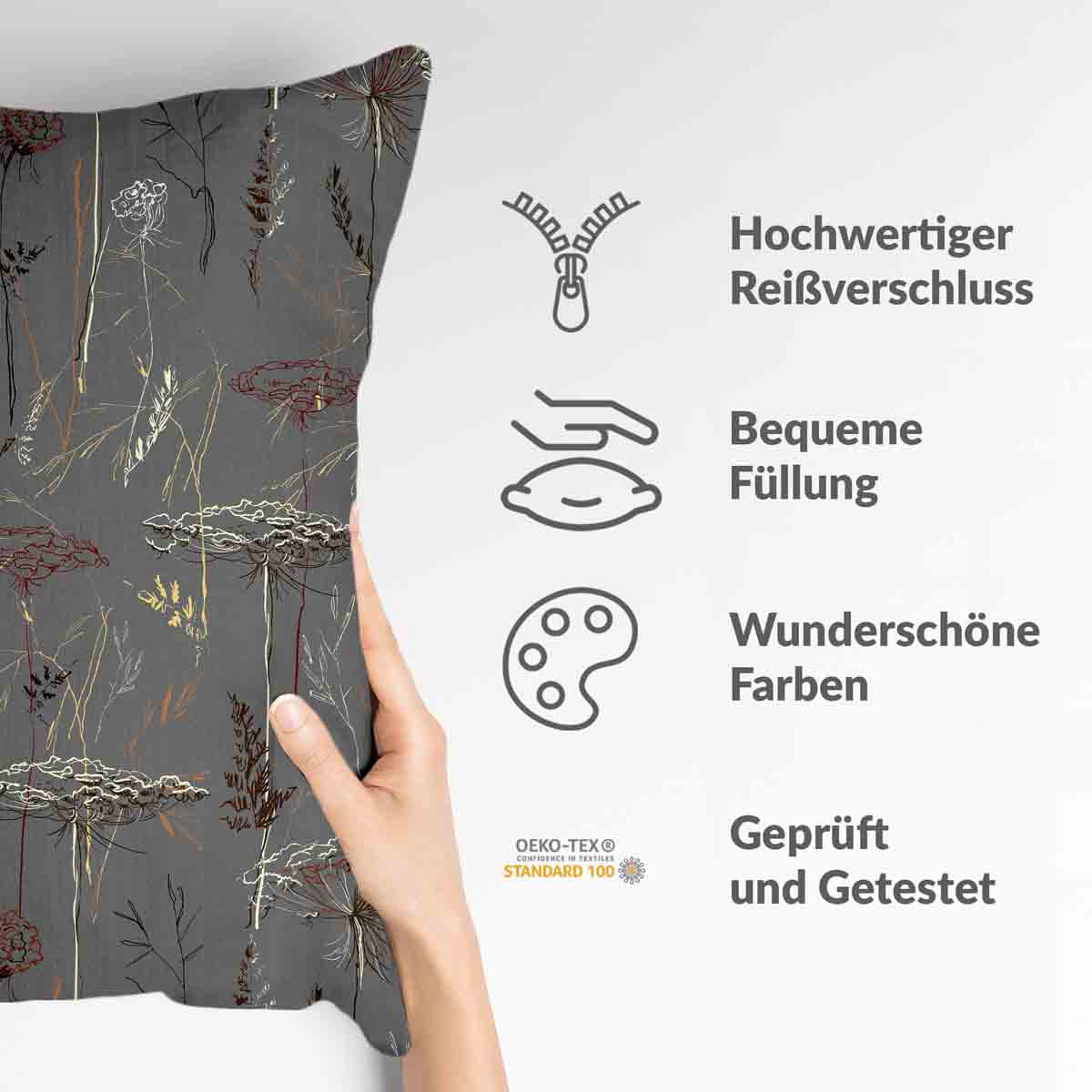 Gezondheidskussen grijs met gouden planten