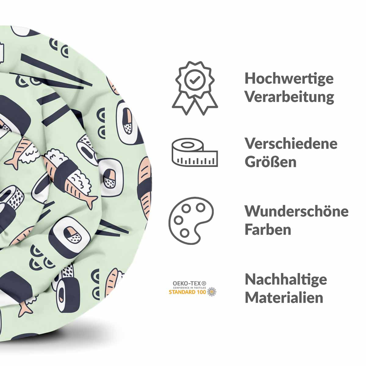 Original Therapiedecke - Baumwoll Bettwäsche Set Hellgrün mit Sushi