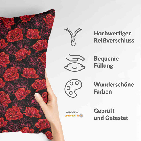 Gezondheidskussen zwart met rode rozen