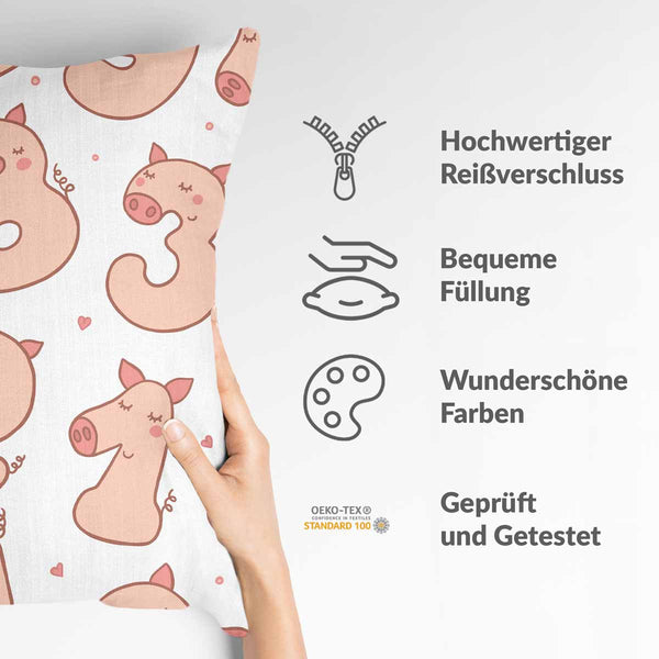 Gezondheidskussen wit met cijfers en varkens