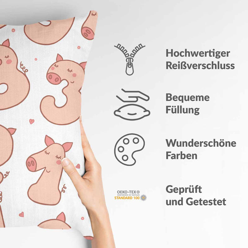 Gezondheidskussen wit met cijfers en varkens