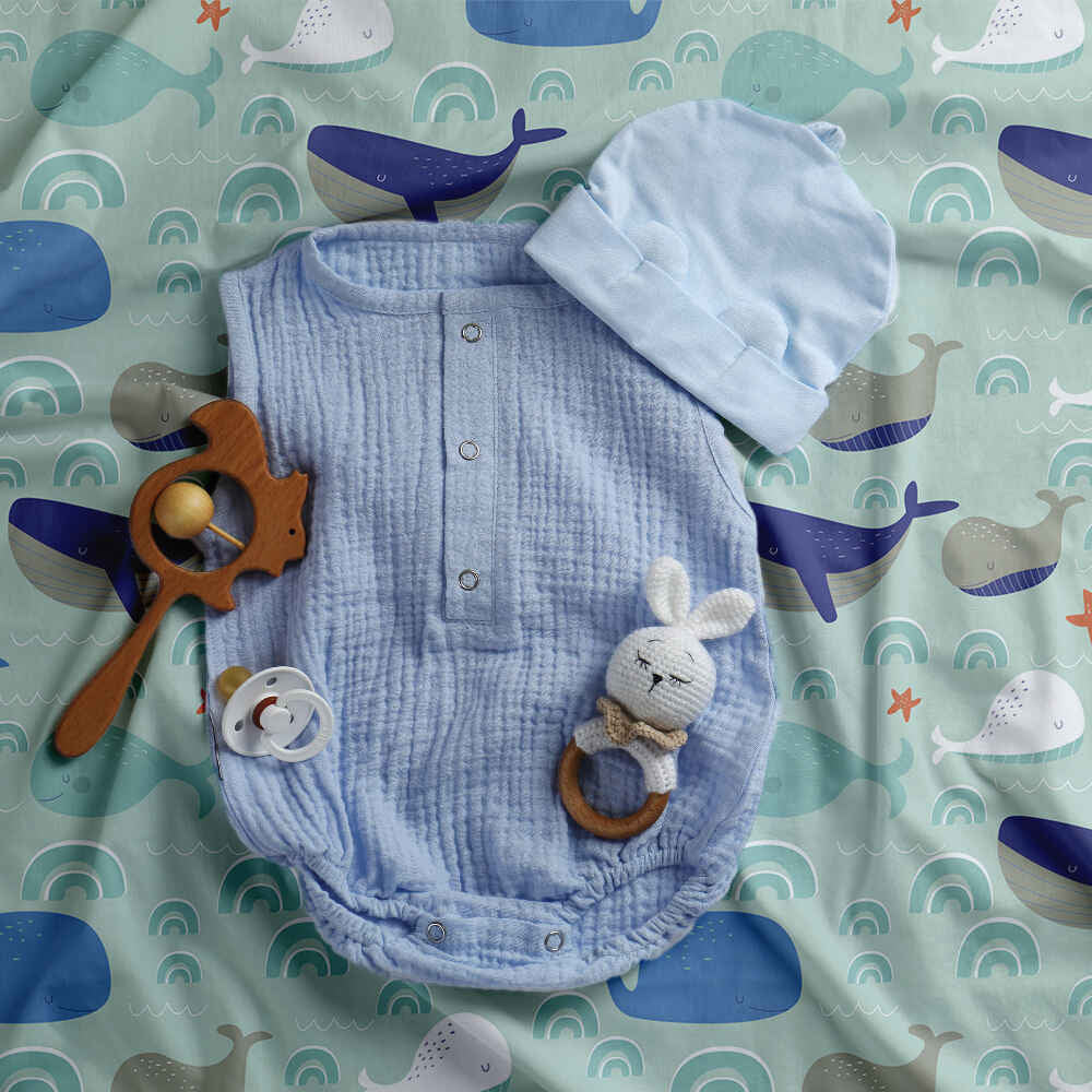 Originele therapiedeken - katoenen hoes groen met walvissen