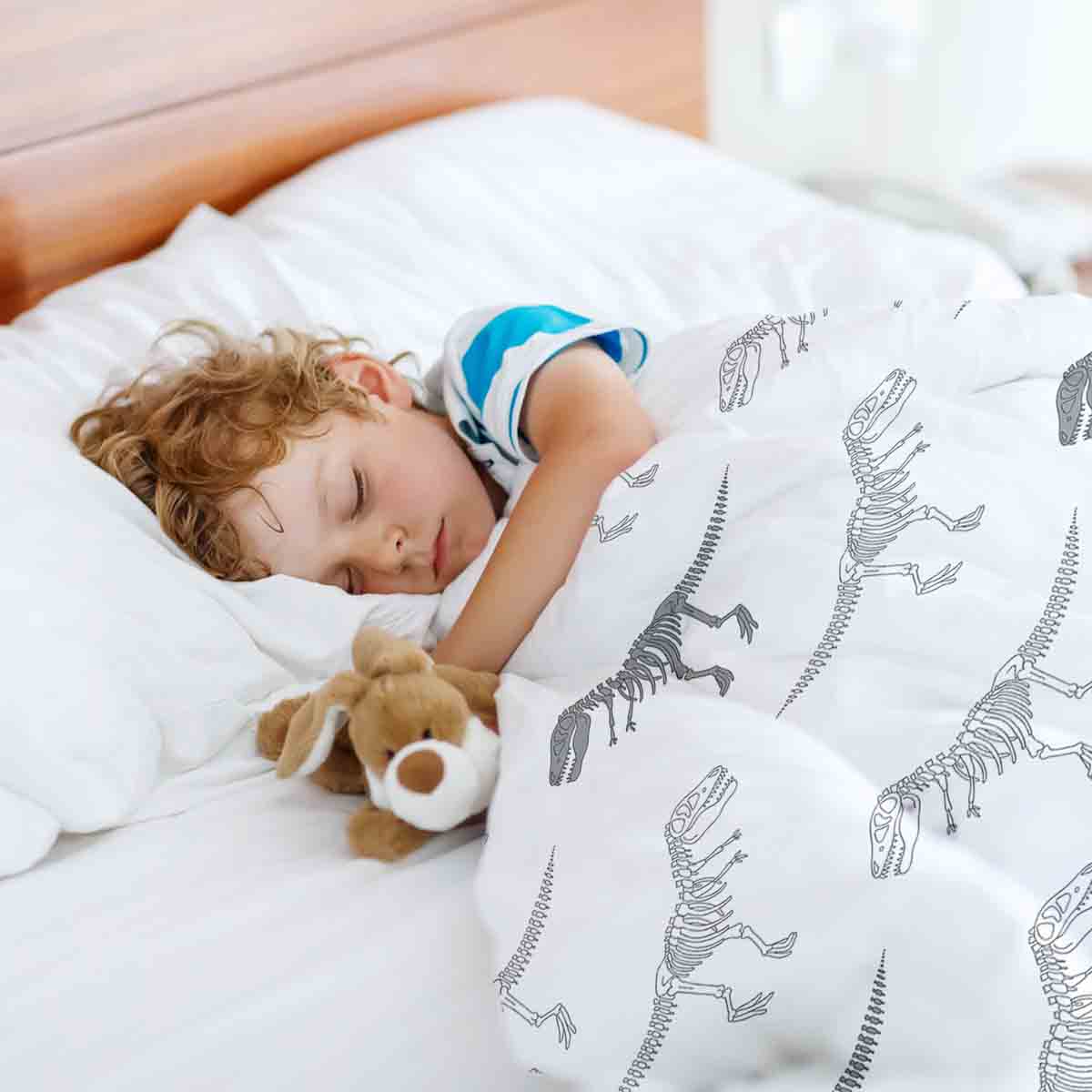 Therapiedekens beddengoed set wit met dinosaurus skelet