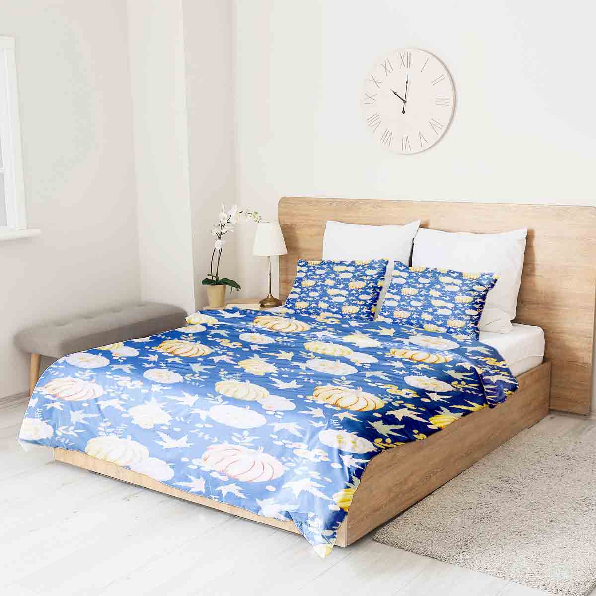 Therapiedekens beddengoed set blauw met pompoenen